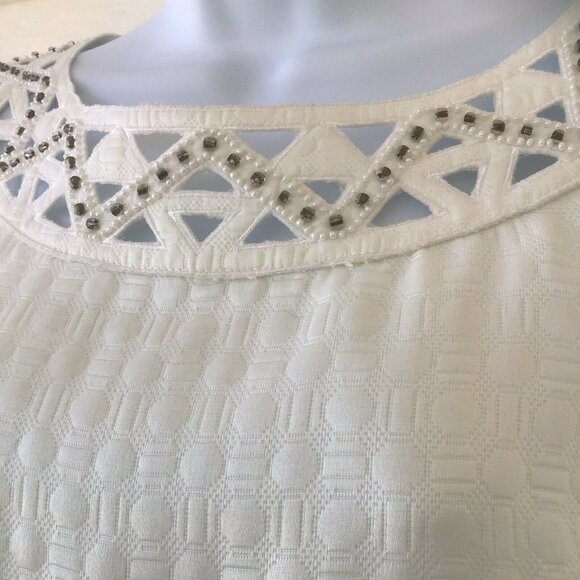 Antonio Melani Women's Size 10 Ivory Sheath Lined Dress Lattice Beaded Neckline - Picture 3 of 12